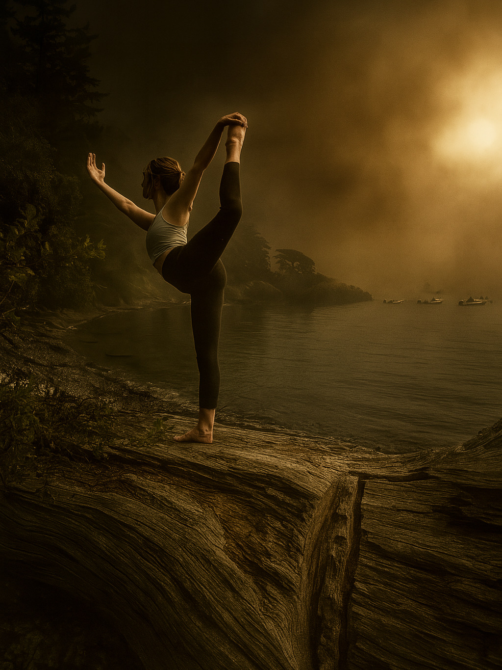 Becca in a standing-bow pose on driftwood beside a misty golden lake