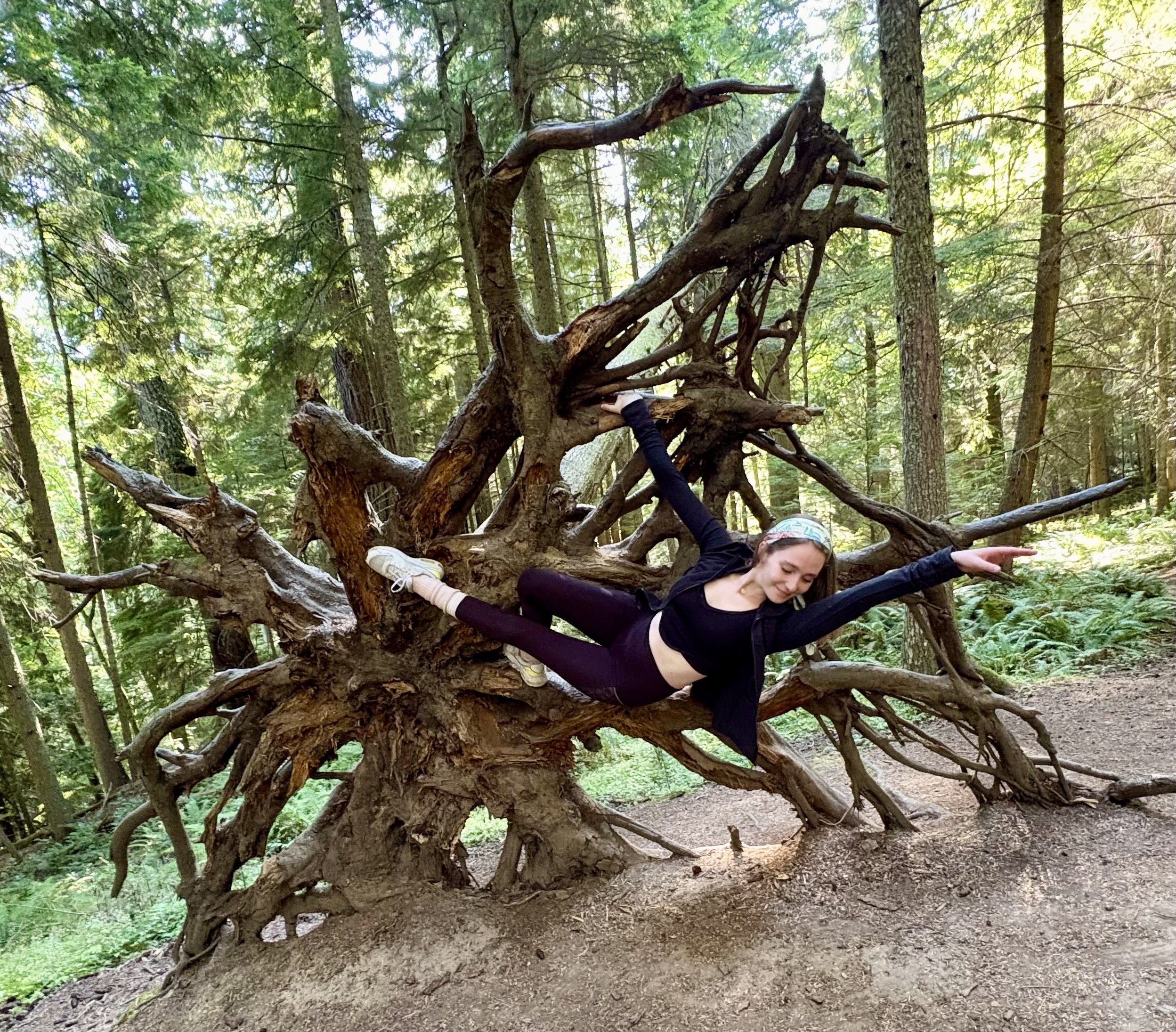Becca reclining among driftwood roots on the forest floor