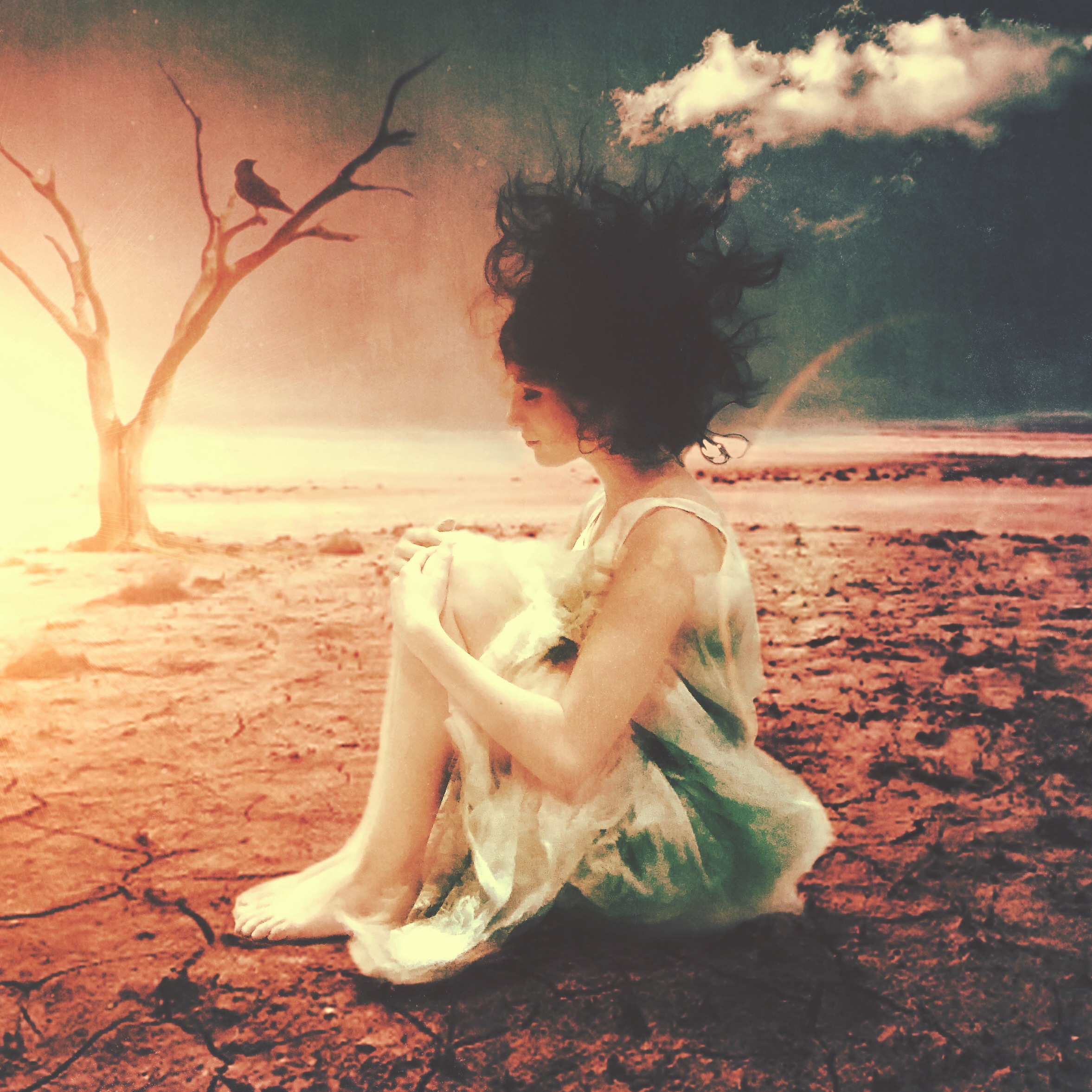 Becca seated on cracked desert earth, hair merging into a cloud — surreal rust and slate-teal composite